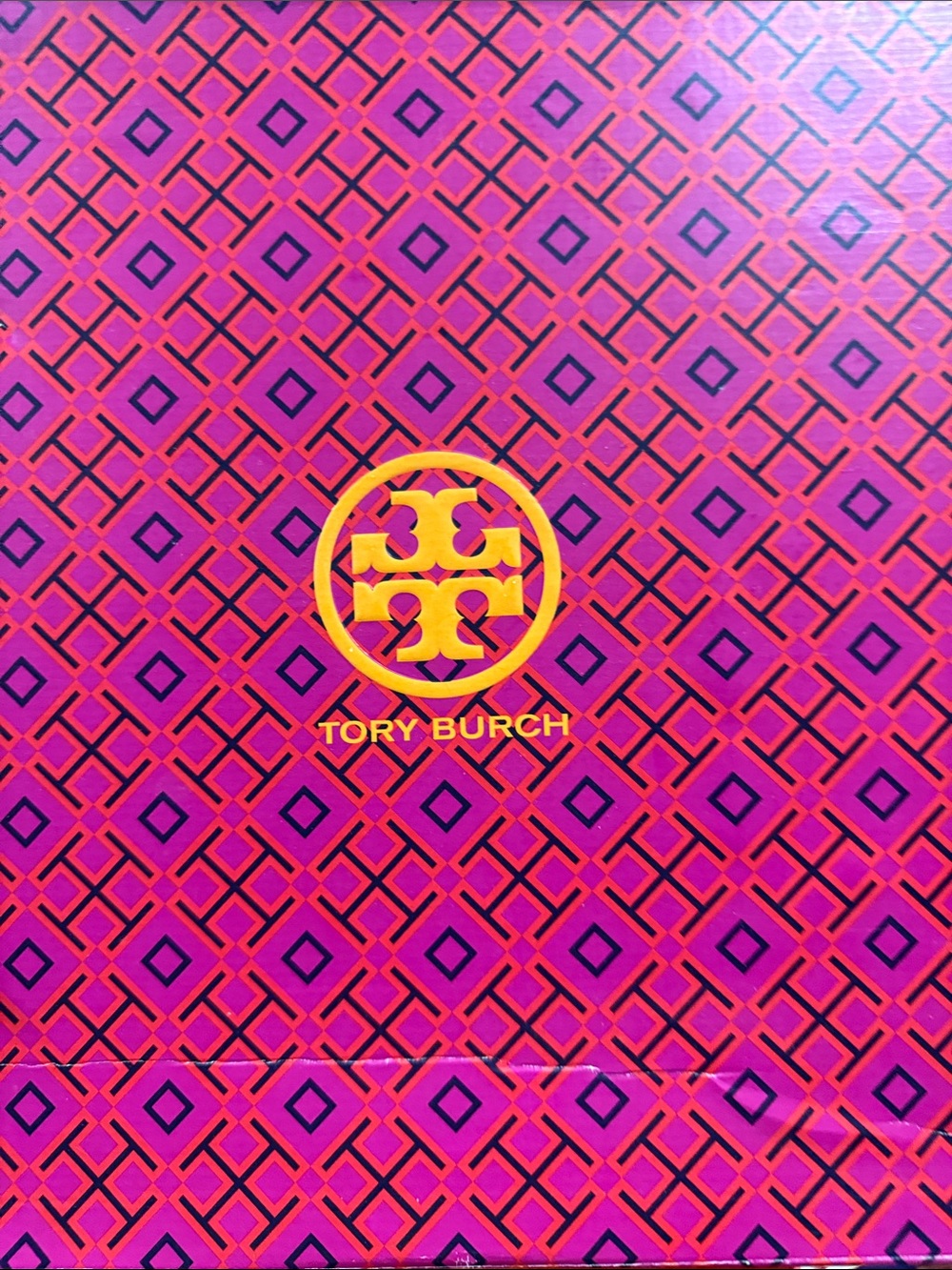 Tory Burch Pink and Purple Patterned Gift Bag with Gold Logo